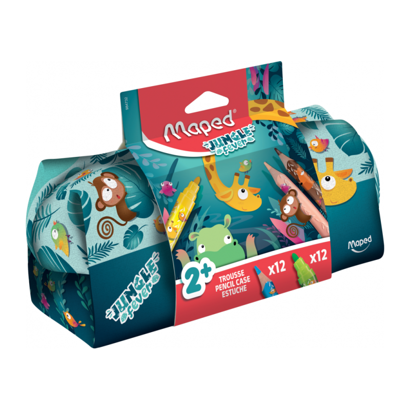 Coffret Trousse+12 feutres+12 crayons de couleur JUMBO JUNGLE FEVER MAPED