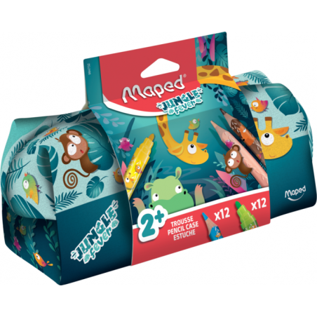 Coffret Trousse+12 feutres+12 crayons de couleur JUMBO JUNGLE FEVER MAPED