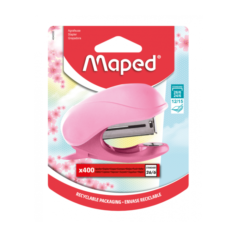 Mini agrafeuse VIVO PASTEL rose 24/6+400 agrafes ss blister Maped