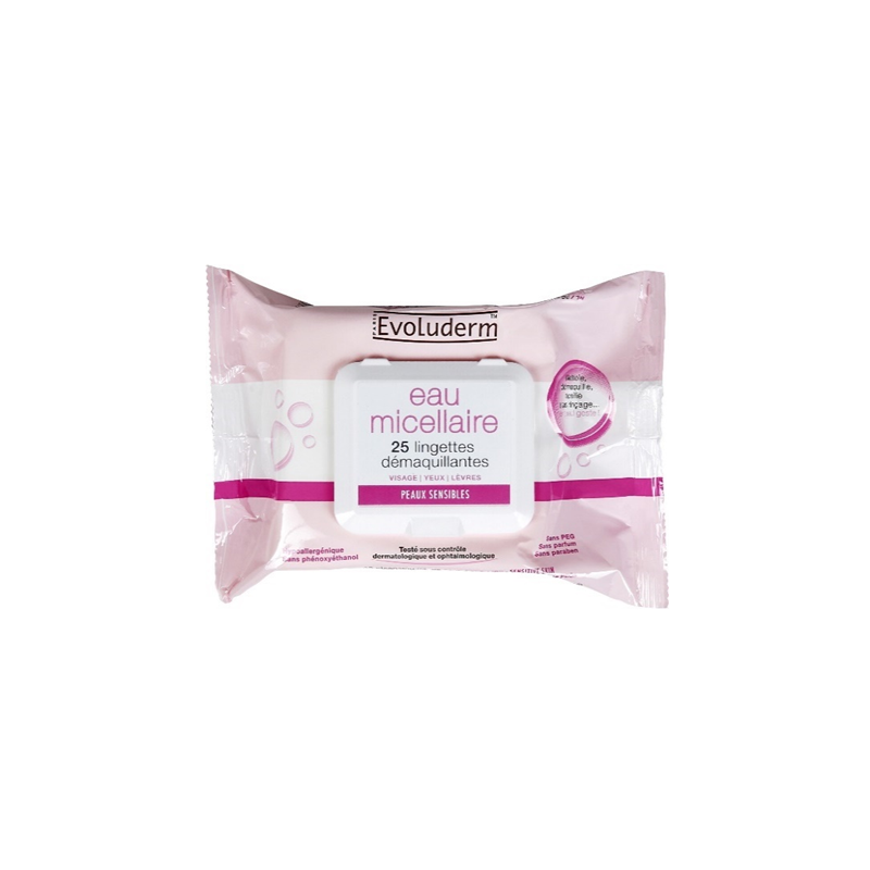 Lingette démaquillante micellaire peaux sensibles 25pcs EVOLUDERM