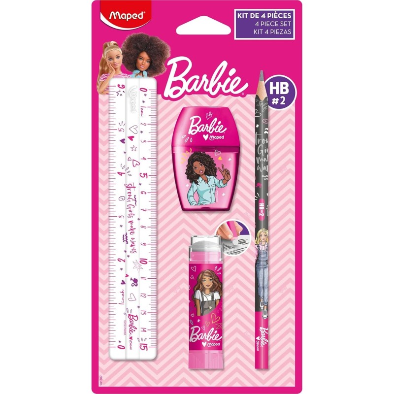 Règle+crayon+taille crayon+gomme MINI STATIONERY SET BARBIE blister