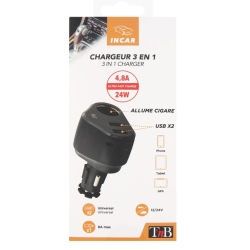 Chargeur allume-cigares 3en1 - noir
