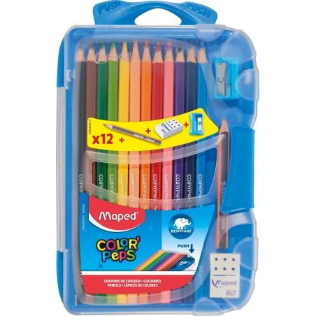 Crayon de couleur 18cm et 12cl Color'peps  Bte de 12 avec accessoires Maped