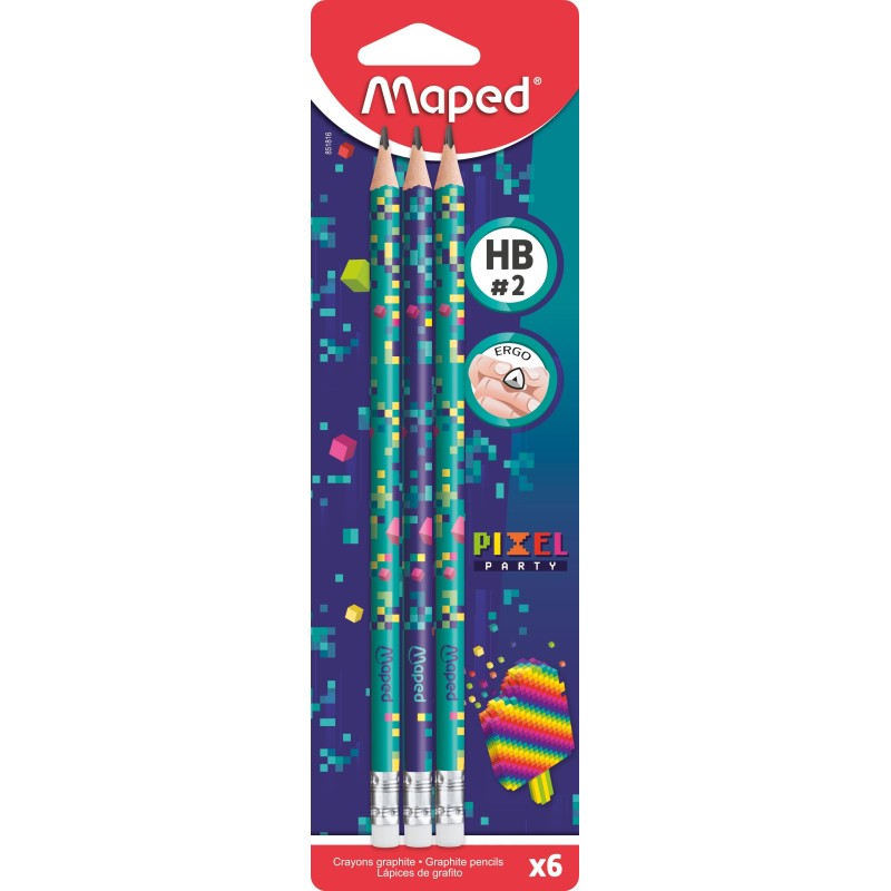 Crayon graphite  HB avec gomme PIXEL PARTY blister x6 Maped
