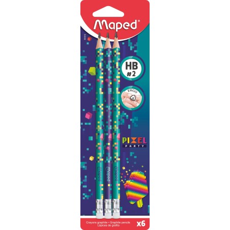 Crayon graphite  HB avec gomme PIXEL PARTY blister x6 Maped