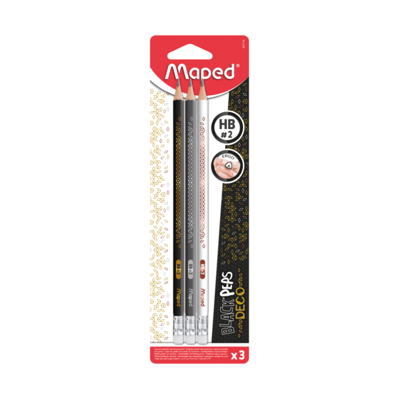 Crayon graphite blackpeps DECO HB avec gomme blister de 3 Maped